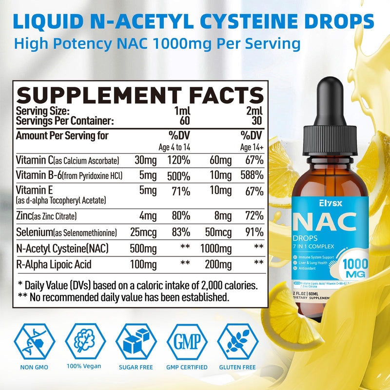 [Australia] - Liquid NAC Drops 1000MG, NAC Supplement N-Acetyl Cysteine with Alpha Lipoic Acid for Adults & Kids, Immune System & Antioxidant Support, Liver & Lung Health, Natural Lemon Flavor, Sugar Free, 2FL OZ 