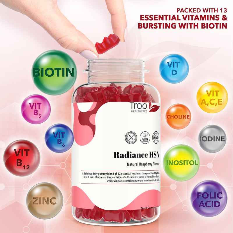 Troo Health Care Radiance HSN 60 Raspberry Flavour Gummies - Advanced Hair Skin & Nails Supplement for Men & Women - 13 Essential Nutrients Inlcuding Biotin 60 count (Pack of 1)