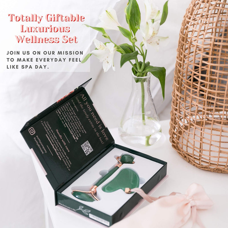 WITTY Jade Face Roller and Gua Sha Set in Hand-Drawn Giftbox - Gua Sha Stone, Face Massager Roller, Beauty Massage Face Scraper Tools - Guasha Tool for Face Roller Skin Care, Eyes, Neck - Extra Pouch Green