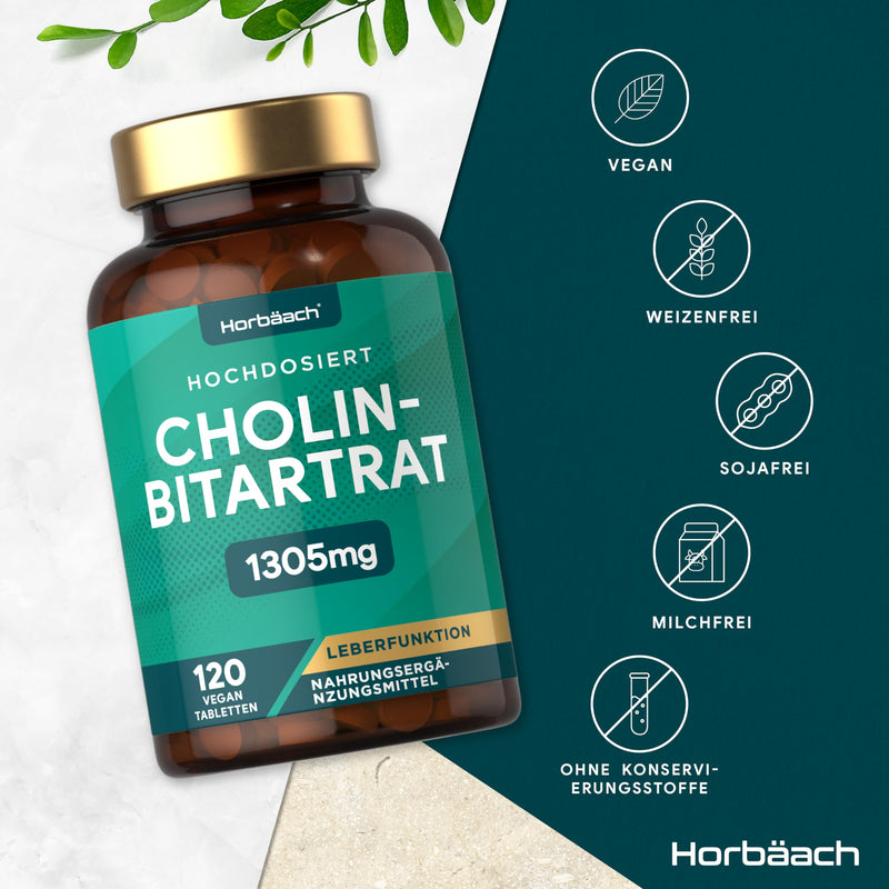 [Australia] - Choline high dose 1305mg | 652mg per piece | 120 Pure Choline Bitartrate Tablets | Liver function | Vegan | Choline bitrate | by Horbaach 