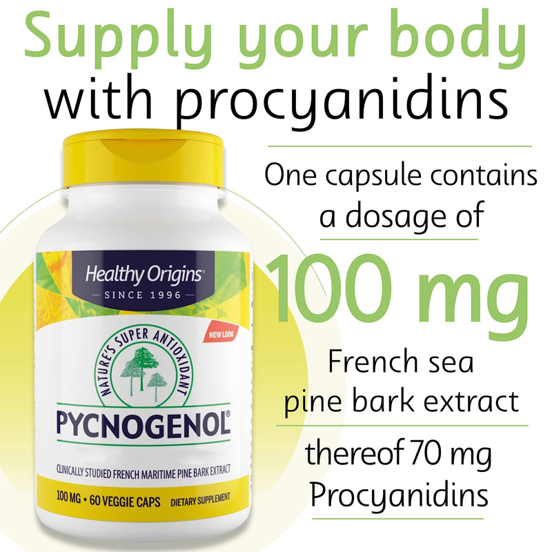 Healthy Origins, Pycnogenol, 100mg, Pine Bark Extract with Procyanidins, 60 Vegan Capsules, SOYA Free, Gluten Free, Vegetarian, Non GMO 60 Capsules
