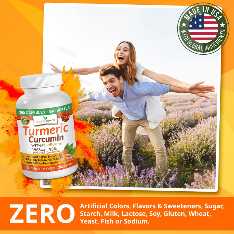 [Australia] - Turmeric Curcumin with Black Pepper BioPerine - 𝟮𝟬𝟬 𝗖𝗔𝗣𝗦𝗨𝗟𝗘𝗦 - Extra Strength 1965mg Joint Support Supplement, High Absorption, Made in USA with Organic Powder Vegan Extract Complex Pills 