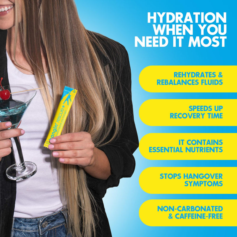 Hangin' Rescue+ Electrolyte Drink Mix | Rehydrate, Reduce Fatigue & Protect Cells with Electrolytes, B6, C, Taurine & L-Cysteine | Caffeine-Free | Travel-Ready | 13.4g Each (12, Original) 12
