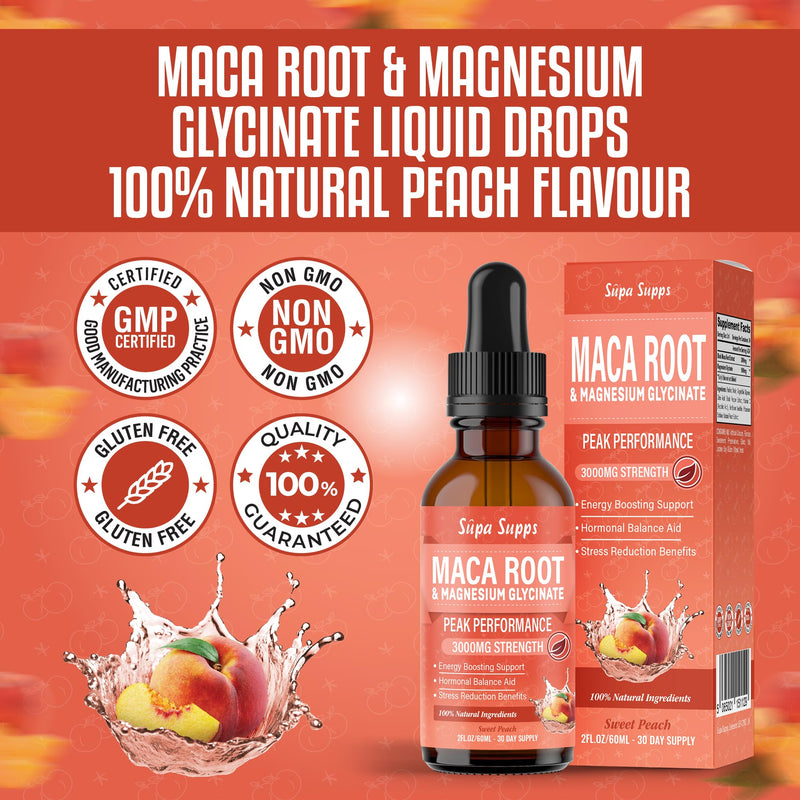 Maca Root & Magnesium Glycinate Liquid Drops 60ml - High Strength 2000mg Maca + 1000mg Magnesium per 2ml - Reduction of Tiredness & Fatigue, Normal Muscle Function, Nervous System Support