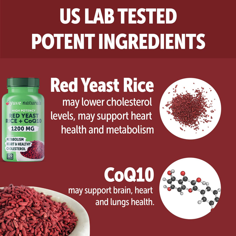 [Australia] - Red Yeast Rice 1200 mg Capsules with CoQ10 – Maintain Healthy Cholesterol Levels, Herbal Heart Health Vegan Red Yeast Rice Supplement - Red Rice Yeast with CoQ10 for Women & Men - 120 Ct 7.5 Pound (Pack of 1) 