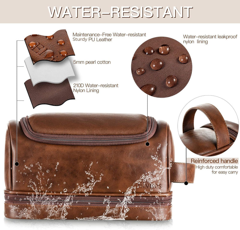 Elviros Travel Toiletry Bag Mens Leather Travel Organizer Kit with hanging hook Water-resistant Toiletries Bathroom Shaving Bags for Women