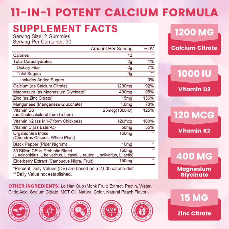 Calcium Citrate 1200 mg Gummies with Vitamin d3, K2, Magnesium, Zinc for Bone, Muscle & Immune Support, High Absorption Calcium Citrate Supplement for Women & Men, Sugar Free - 30 Day Supply
