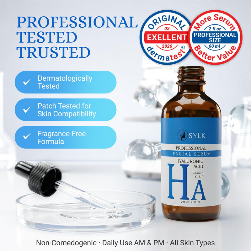 Sylk Hyaluronic Acid Serum for Face - Ultra Hydrating Anti Aging & Anti Wrinkle Serum with Vitamin C & E - Moisturizing & Plumping Formula for Smooth Skin - Microneedling - Korean Skincare - 2 fl oz