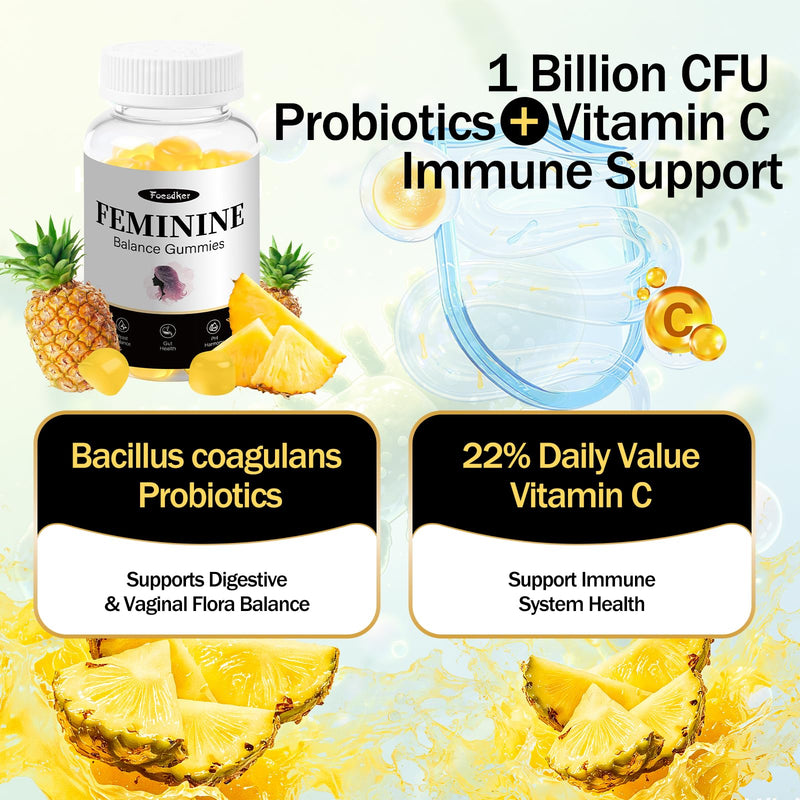Feminine Balance Gummies for Women, PH Balance,Hawaiian Pineapple | Support Healthy Odor & Immune & Vaginal Health, Vegan , 60 Count