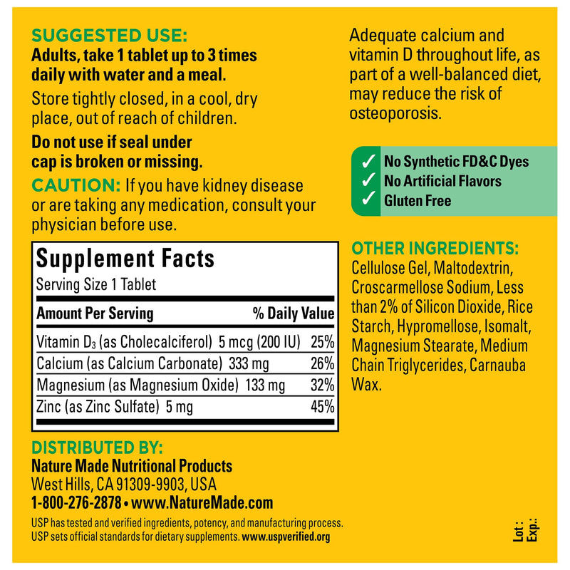 Nature Made Calcium Magnesium Zinc with Vitamin D3, 300 Tablets Unflavored 300 Count (Pack of 1)