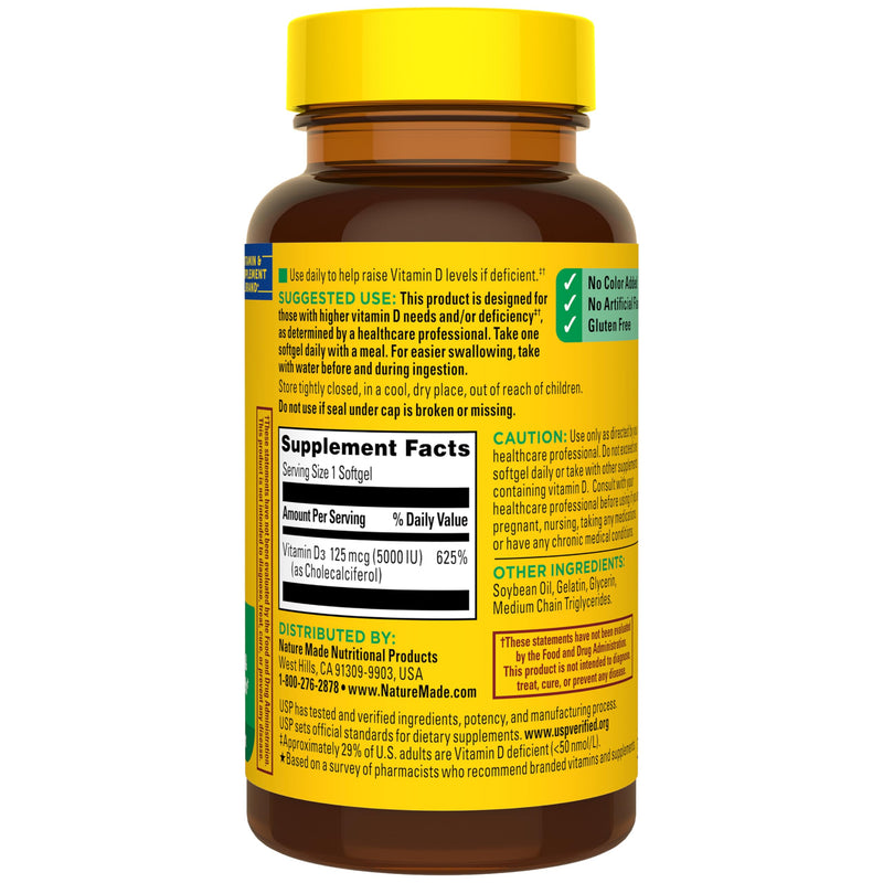 Nature Made Vitamin D3 5000 IU (125 mcg), 360 Vitamin D Softgels | Extra Strength Vitamin D Supplement for Immune, Bone, Teeth and Muscle Health Support, 360 Day Supply 360 Count (Pack of 1)