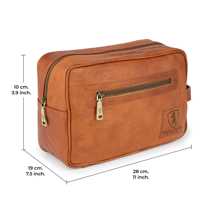 BERLINER BAGS Vintage Genuine Leather Toiletry Bag For Men Paul, Brown | Leather Travel Bag, 1-2 Zippered Compartment, Large Capacity, YKK Metal Zipper, Leather Handle 1 Compartment