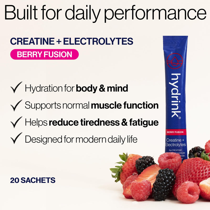 Creatine & Electrolytes Sachets (20 Pack) | Electrolyte Drinks Mix for Energy & Daily Performance | Berry Fusion | Travel Friendly Hydration Sachets 20 sachets