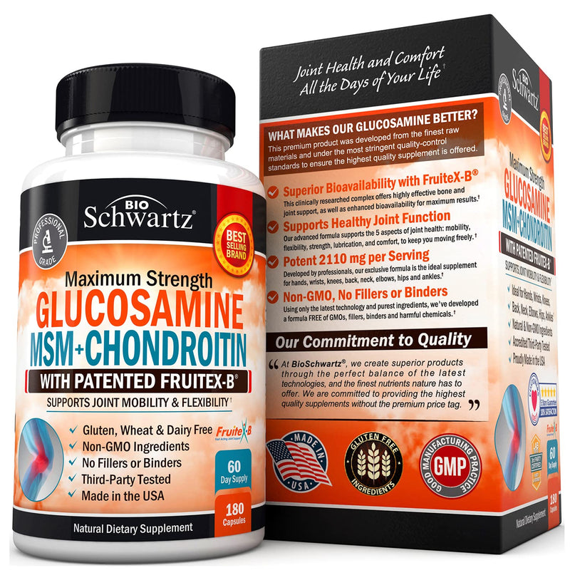 [Australia] - Glucosamine Chondroitin MSM 2110mg - Joint Support Supplement with Turmeric Curcumin for Hands Back Knee & Joint Health for Men & Women - Gluten-Free Non-GMO Supplement - Made in USA - 180 Capsules 180 Count (Pack of 1) 