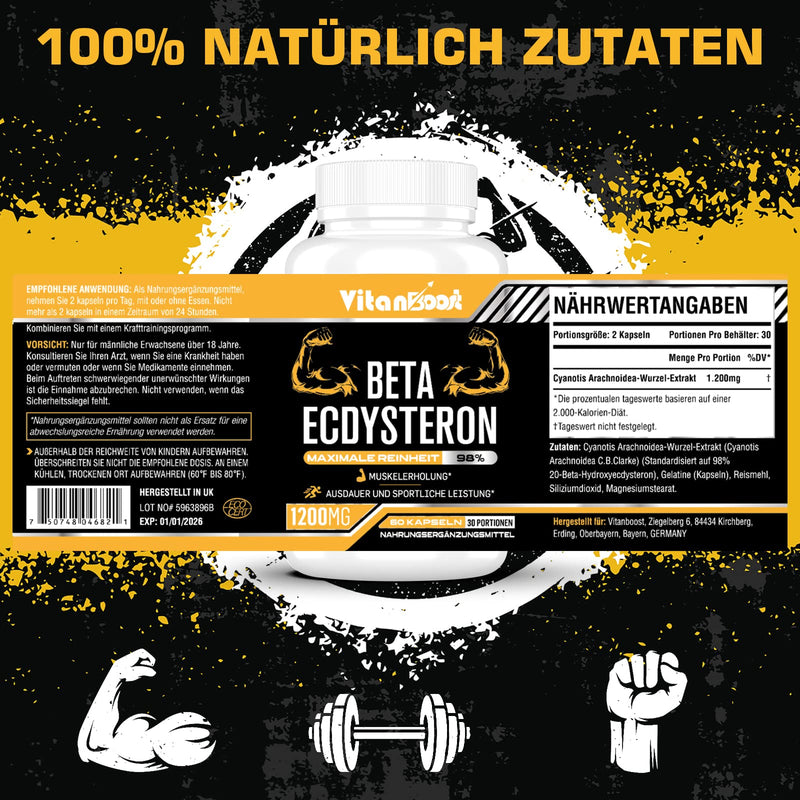 Beta Ecdysterone Supplement 1200mg | Increases Lean Muscle Mass, Exercise Performance, Strength and Protein Synthesis, 98% Maximum Purity Formulated for Enhanced Absorption (60 Count (Pack of 1)) 60 count (Pack of 1)