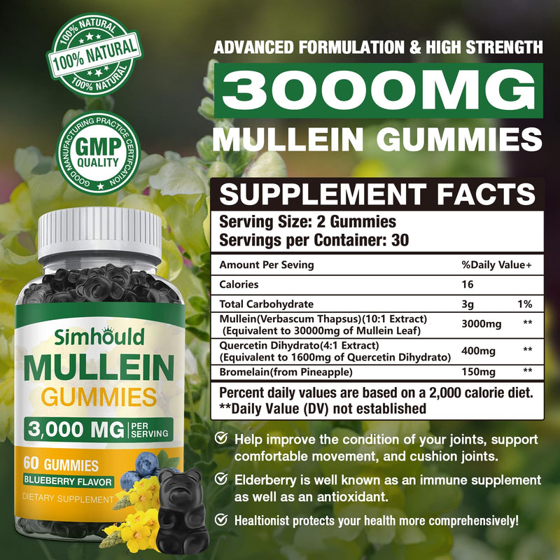 [Australia] - 2 Pack Sugar Free 3000MG Mullein Gummies - Lung Cleanse, Mullein Leaf Extract Supplement for Respiratory, Organic Mullein Drops with Quercetin & Bromelain for Lung, Digestive Health & Immune 60 Count (Pack of 2) 