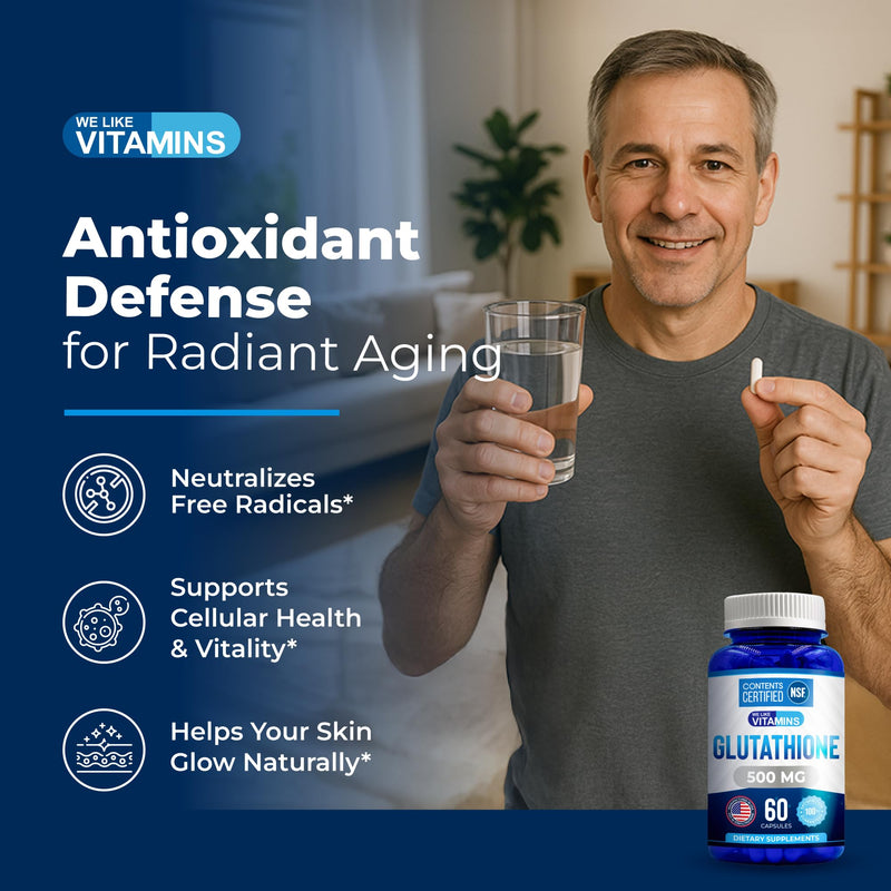 NSF Certified Glutathione Supplement 500mg - 60 Reduced L Glutathione Caps | L-Glutathione Supplement For Antioxidant & Immune Support - 500mg Per Serving - 30 Day Supply, 2 Capsules A Day 60 Count (Pack of 1)