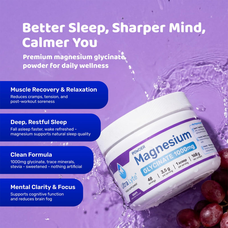 Ultra Lyte Magnesium Glycinate Powder with Trace Minerals 180g – Vegan & Gluten-Free Flavoured Magnesium Supplement – for Sleep Aid, Stress Relief & Muscle Relaxation – 60 Servings (180g, Grape) 180 g (Pack of 1)