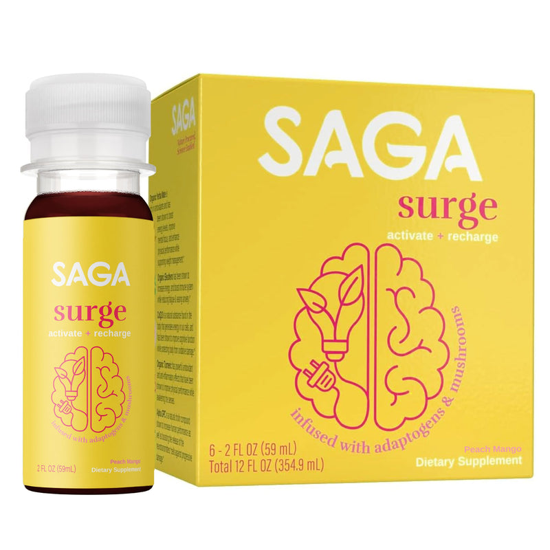 [Australia] - SAGA Surge Organic Energy Shots | Yerba Mate & Alpha GPC Supplement with CoQ10, Turmeric & Mushrooms | Pre Workout Boost Drink for Focus & Performance | 2oz Peach Mango 2 Fl Oz (Pack of 6) 