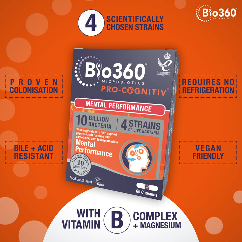 Natures Aid Bio360 Pro-Cognitiv Probiotic 10 Billion Live Bacteria CFU - Supports Brain Health and Mental Performance - High Strength - Vegan, Gluten Free, Non-GMO - 60 Capsules Pro-Cognitiv 60 Capsules