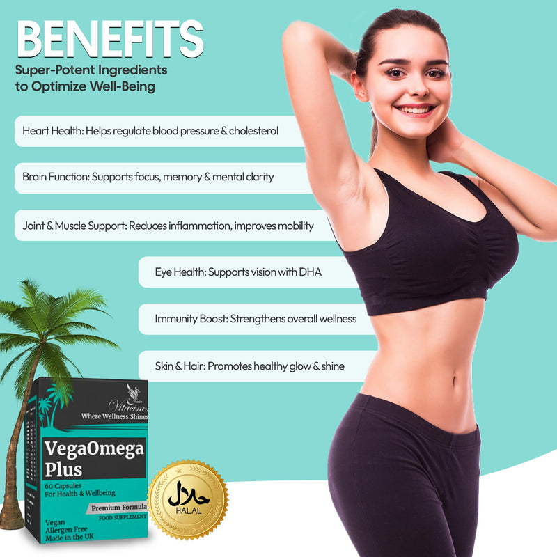 VegaOmega Plus | Vegan Omega 3 + 14 Essential Vitamins & Minerals | Plant-Based Algae DHA & EPA | 60 Capsules | No Fish Oil | Heart, Brain & Joint Support | Family Supplement Age 4+ | Made in UK