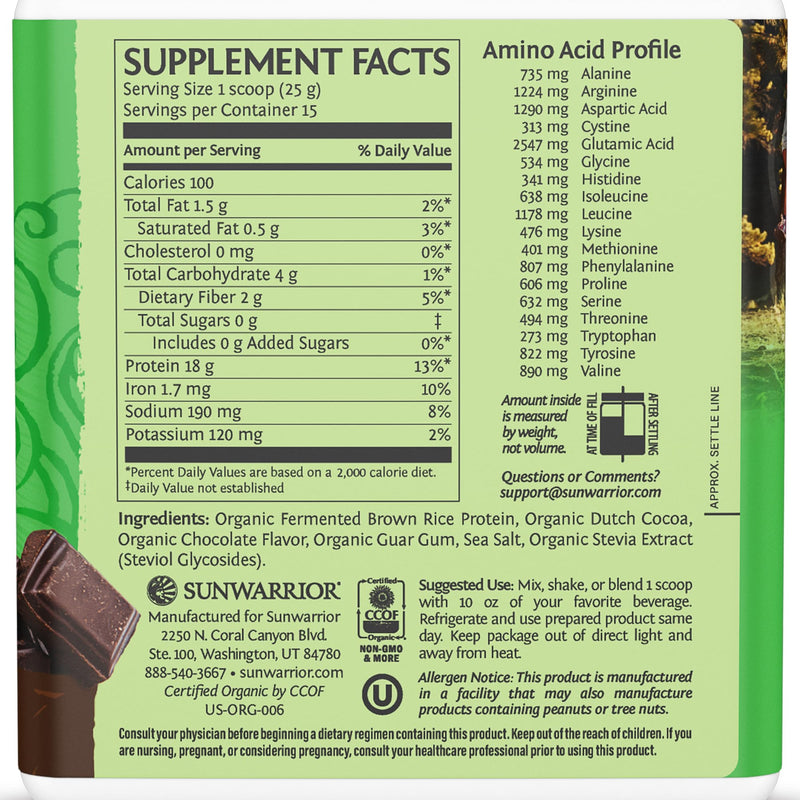 [Australia] - Brown Rice Protein Powder with Bcaa & Amino Acids Raw Rice Protein Shake Gluten Free Low Carb Dairy Free | Plant Based Classic Sprouted Brown Rice Protein Powder Chocolate 375g by Sunwarrior 