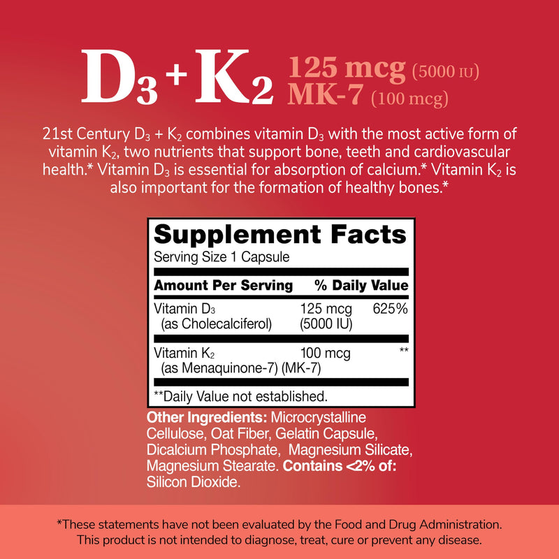 21st Century Vitamin D3 125 mcg (5000 IU) + K2 100 mcg Capsules, 120 Count, Bone, Teeth & Heart Support, Non-GMO, Milk, Lactose, Soy, Wheat, & Gluten Free