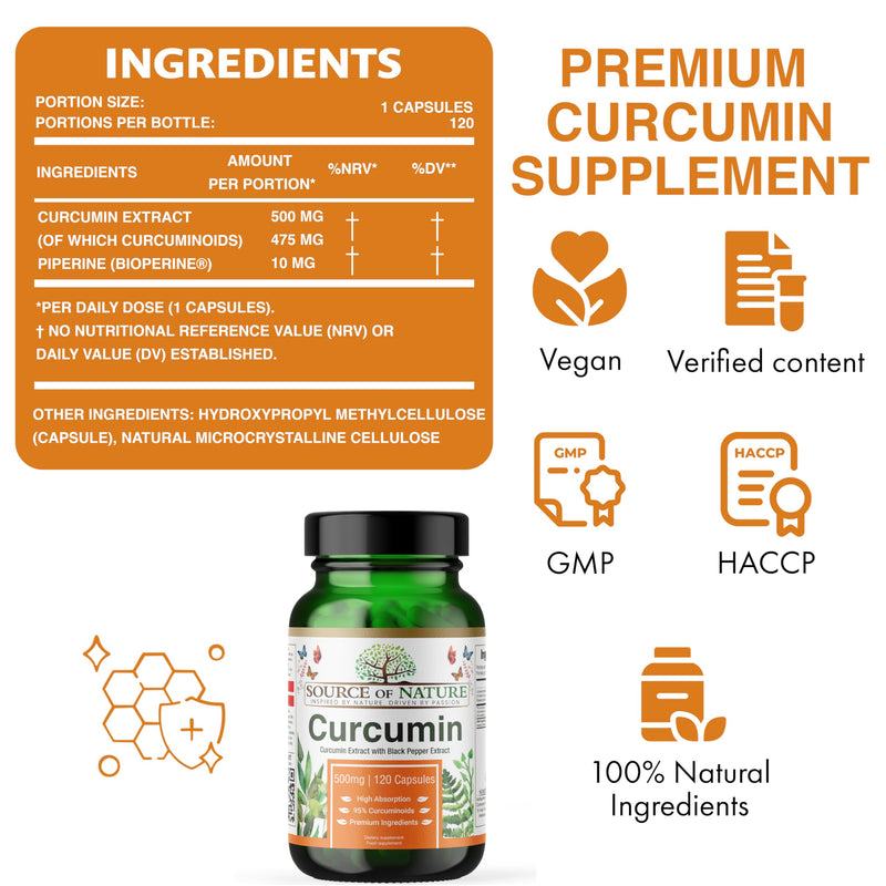 Source of Nature® | 500mg Curcumin Extract | 120 Capsules | +95% Pure Curcuminoids | Produced in EU | with BioPerine® (Black Pepper Extract) | from Turmeric | High dose 120 count (Pack of 1)