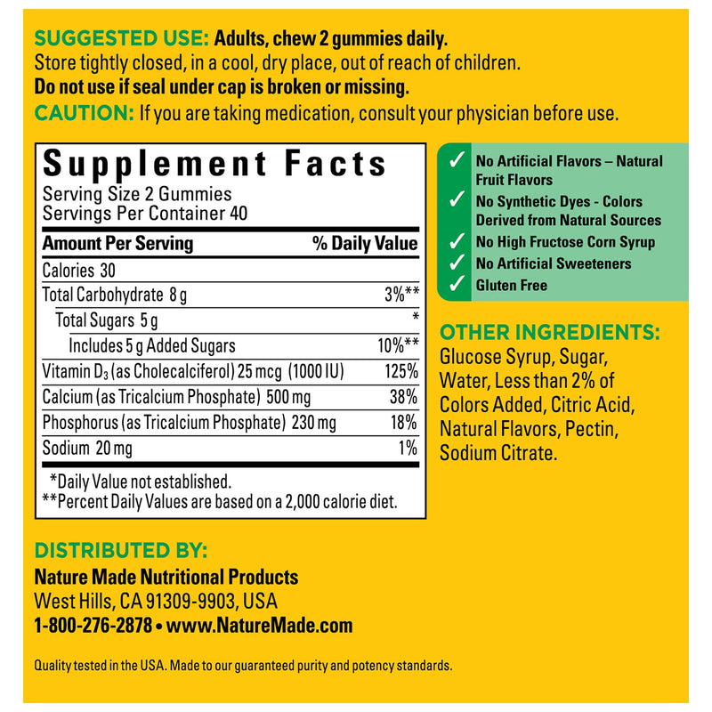 [Australia] - Nature Made Calcium Gummies 500 mg Per Serving with Vitamin D3, Dietary Supplement for Bone Support, 80 Gummies, 40 Day Supply Cherry, Orange, and Strawberry 80 Count (Pack of 1) 