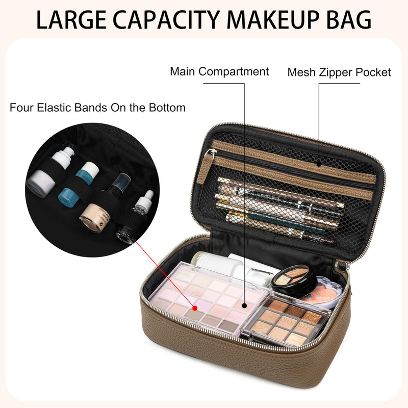 DORIS&JACKY Genuine Leather Cosmetic Bag for Women, Small Daily Makeup Case, Jewelry And Skincare Toiletry Organizer Zipper Pouch Box with Handle (3-Dark Grey) 3-Dark Grey