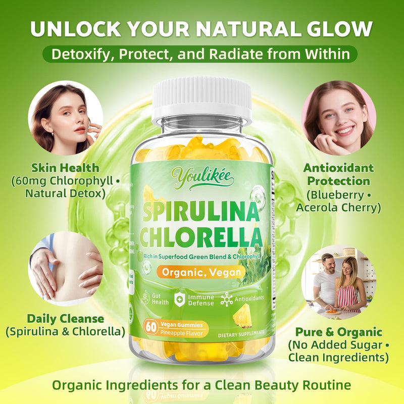 Spirulina Chlorella Gummies, Support Energy, Immune System & Antioxidant | Super Greens Blend with Protein, Chlorophyll, Vitamin C, D3, B12, Zinc, Pineapple Flavor, 60 Count 60 Count (Pack of 1)