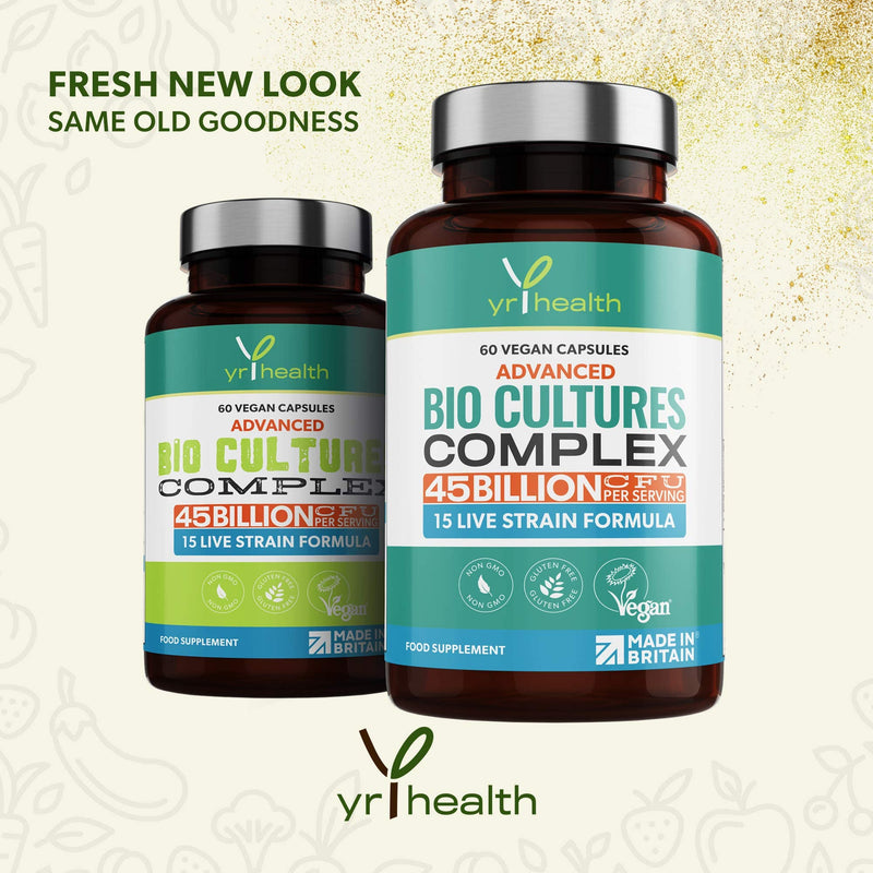 Vegan Bio Cultures Complex - 45 Billion CFU, 15 Active Bacteria Strains - Maximum Strength Multi Strain Complex - Probiotics Women Gut Health and Men, 60 Capsules - Made in The UK by YrHealth