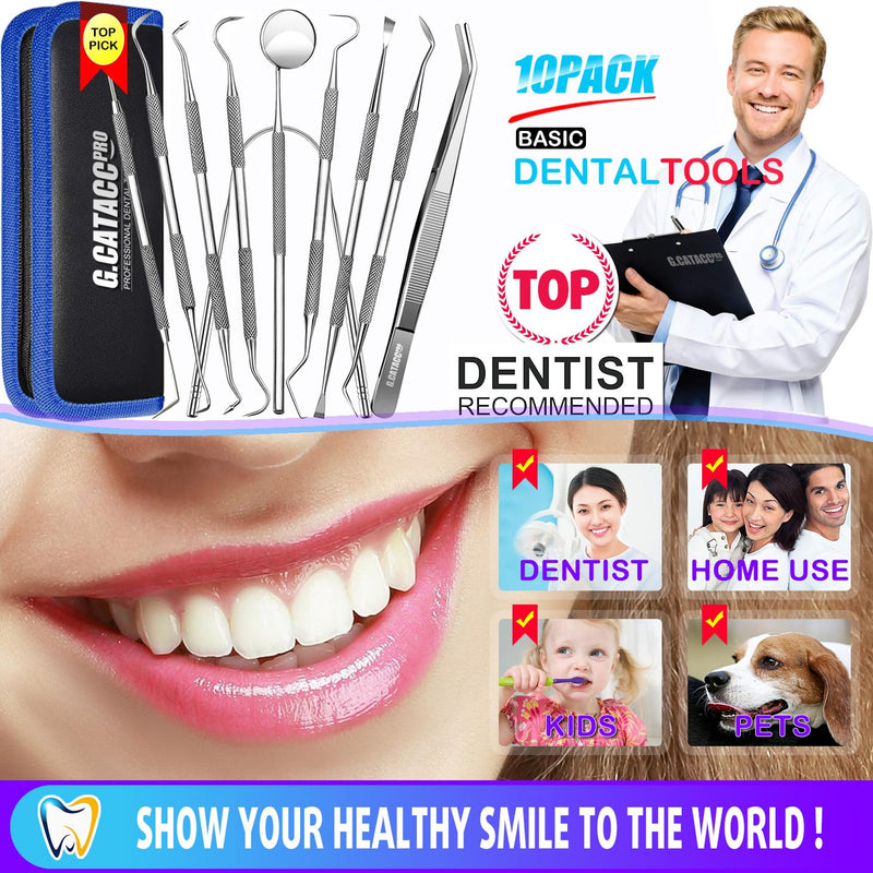 [Australia] - G.CATACC 10 Pack Dental Tools, Professional Plaque Remover for Teeth Cleaning Tools Set, Stainless Steel Hygiene Kit with Dental Pick Tooth Scraper Plaque Tartar Remover Tongue Cleaner - with Case 10 Pack Dental Tools Set With Case - Dark Blue 