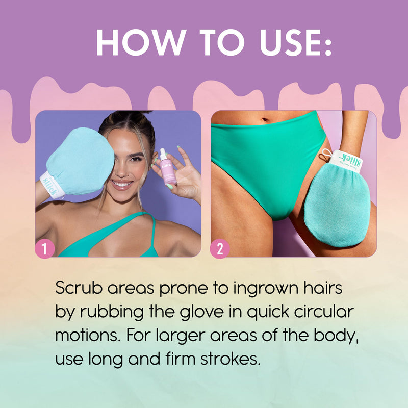 Sliick Buff + Brighten Ingrown Hair Treatment for Bikini Area – Post Shave Serum & Exfoliating Mitt for Razor Bumps & Dark Spots, Ingrown Hair Serum, 1 fl oz