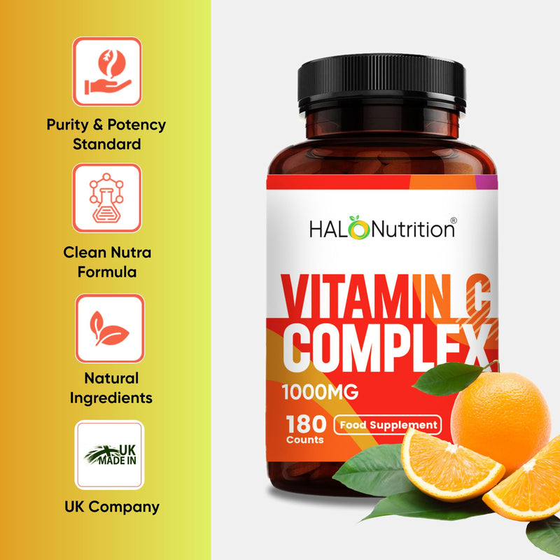 Vitamin C 1000mg per Tablet, High Strength 180 Premium Tablets, Food Supplement, 6 Month Supply - Vegan - Halal Vitamins - Made in UK - By Halo Nutrition