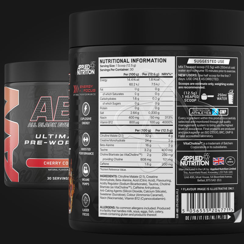 Applied Nutrition ABE Pre Workout - All Black Everything Pre Workout Powder, Energy & Physical Performance with Citrulline, Creatine, Beta Alanine (375g - 30 Servings) (Cherry Cola) Cherry Cola