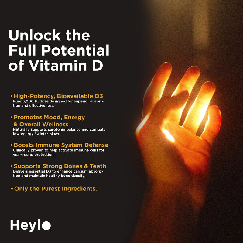 Heylo Vitamin D3 5000 IU (125 mcg) – High-Potency Vitamin D Supplement for Immune Support, Bone Strength & Mood – 60 Capsules (2-Month Supply) – Easy-to-Swallow, Non-GMO, Gluten-Free, Made in USA