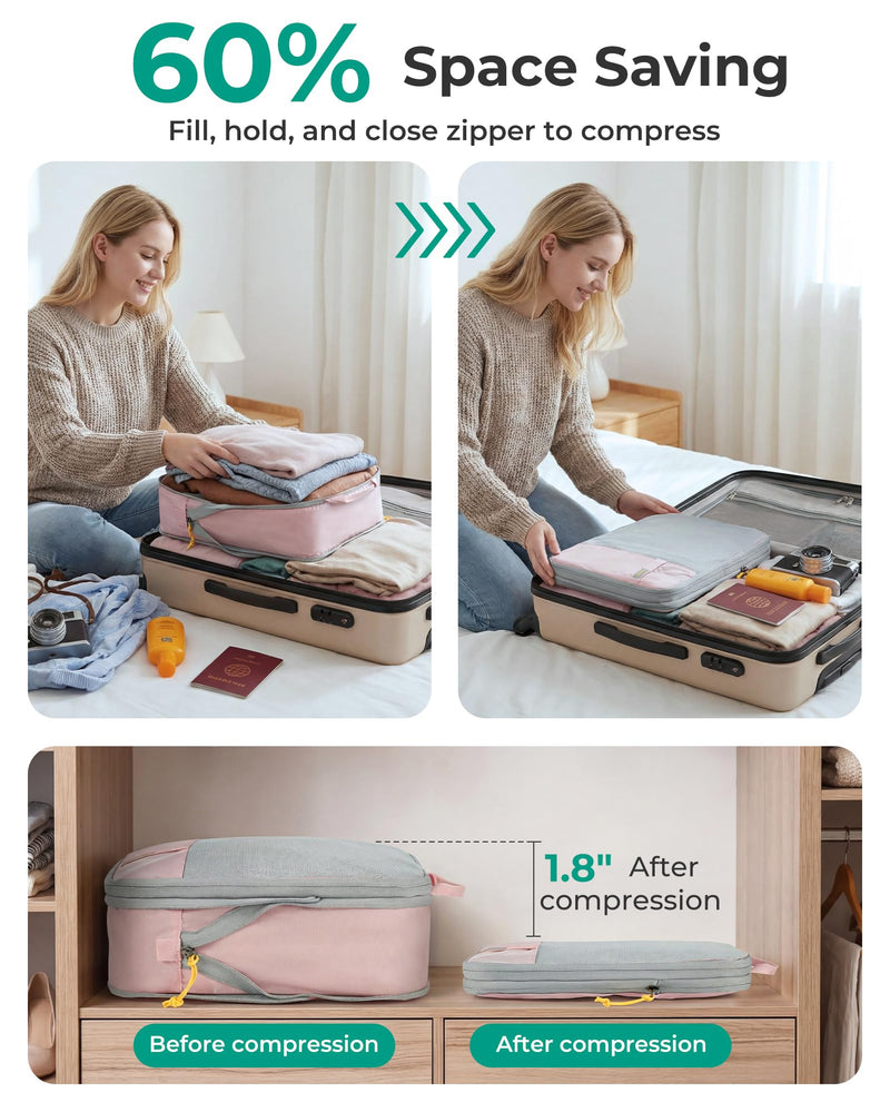 BAGSMART Compression Packing Cubes for Travel Essentials | 14 Set /6 Set /4 Set/2 Set, Lightweight, Durable Baby Pink Set of 6