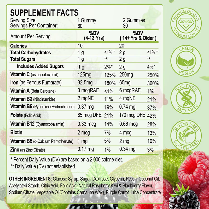 Iron Gummies for Women Men 65mg Iron & Vitamin C 250mg with B6 B12 Folate | 65mg Iron, Vitamin C 250mg, B6, B12, Folate, Energy Support for Iron Deficiency, Anemia Raspberry Kiwi & Blackberry 60 Count (Pack of 2)