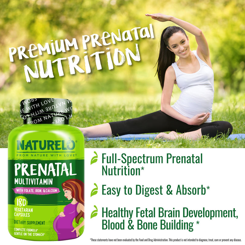 NATURELO Prenatal Multivitamin with Choline & Folate, 180 Capsules | Multivitamin with iron, plant calcium, vegan, vegetarian, Non-GMO, gluten free, 2 month supply 180 Count (Pack of 1)
