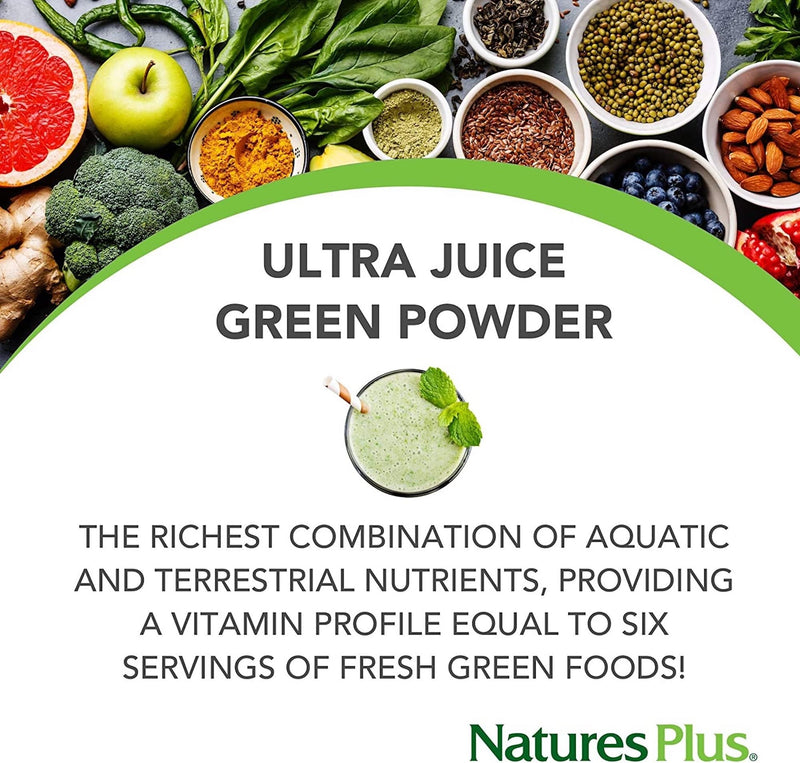 NaturesPlus Ultra Juice Green Powder - Organic Superfoods, Probiotics, Herbs, Spirulina, Chlorella, Chlorophyll - Gluten Free - 300g Powder