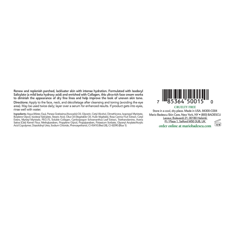 Mario Badescu Kera Moist Collagen Face Cream, Ultra-Rich, Fragrance-Free Face Moisturizer with Mild BHA and Oatmeal, Softens Dry Fine Lines and Evens Out Skin Tone, 1 Oz