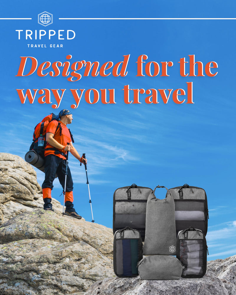 TRIPPED Travel Gear Space Saving Compression Packing Cubes 6-Piece Set | Premium Travel Organizers with Laundry and Shoe Bags for Suitcase and Carry-On Luggage, Reinforced Zippers and Mesh Panels Grey Mesh - 6 Piece