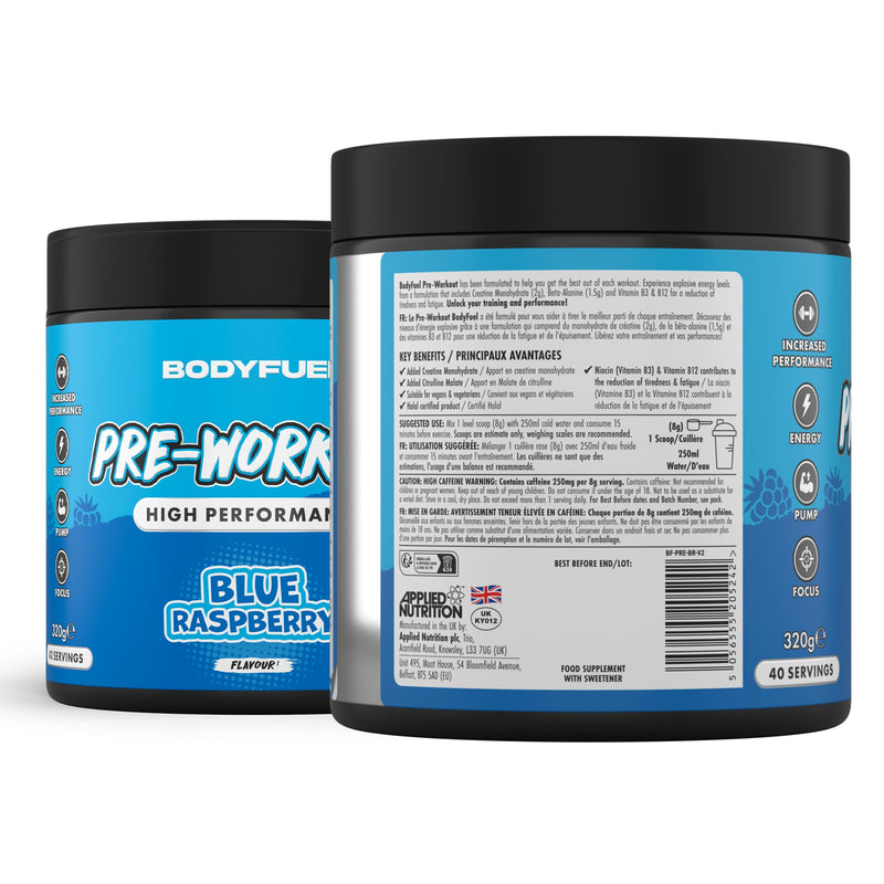 Applied Nutrition BodyFuel Pre-Workout Powder - Energy, Strength & Endurance Booster with Creatine, Citrulline & Beta-Alanine Sugar-Free Pre-Workout (320g - 40 Servings) (Blue Raspberry) Blue Raspberry