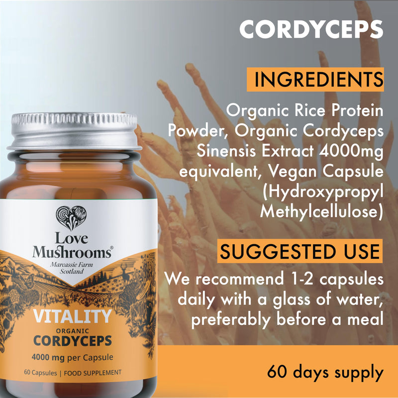 Organic Cordyceps Capsules 4,000mg per Capsule | High Strength Mushroom Extract Supplement for Endurance, Stamina & Natural Energy Support | Vegan, Plant Based, UK Made | 60 Capsules 60 count (Pack of 1)