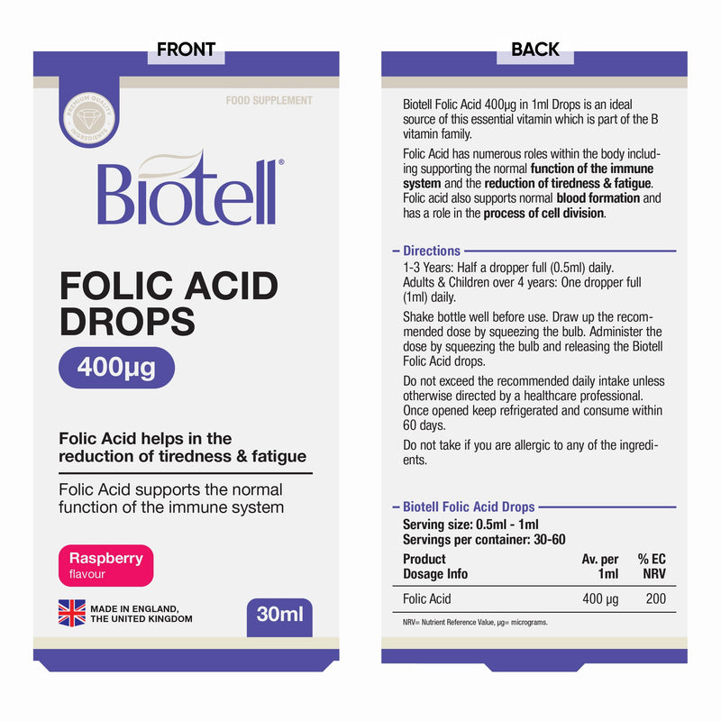 Folic Acid Drops 400µg per 1ml, Pregnancy Vitamins for Women, Concentrated Prenatal Folate Supplement, Reduces Tiredness and Fatigue, Vegan Vitamin B9 Dropper, Raspberry Flavour, UK Made 30ml