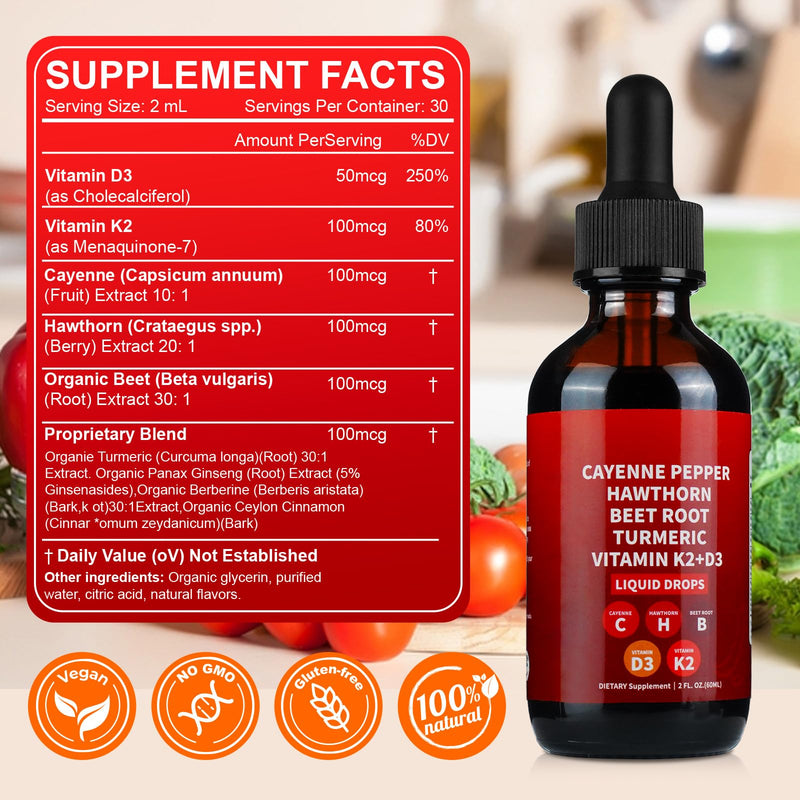 [Australia] - Cayenne Pepper Drops, 2 Pack Cayenne Supplement with Hawthorn Berry, Ceylon Cinnamon, Turmeric & Vitamin D3 K2 Beet Root Powder | Heart & Circulation Support | Winter Wellness Booster 