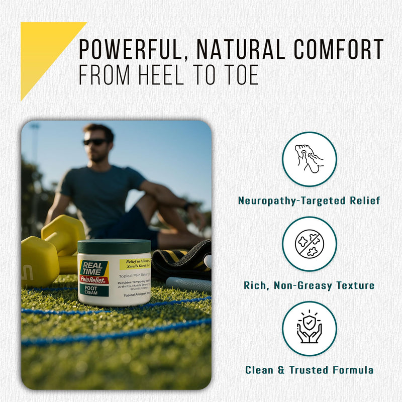 Real Time Pain Relief Foot Cream 8oz Jar | 15 Natural Ingredients: 1.5% Menthol, Tea Tree Oil, Vitamin E & Emu Oil | Advanced Neuropathy Relief & Soothing Lotion for Tired, Swollen, Sore & Aching Feet 8 Ounce (Pack of 1)