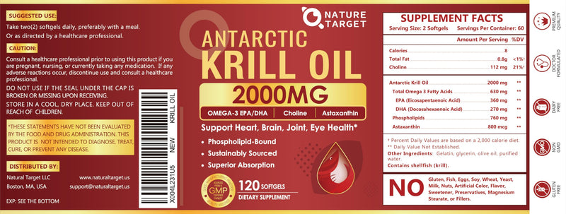 [Australia] - NATURE TARGET Krill Oil 2000 mg with Omega-3 EPA & DHA with Astaxanthin Supplement, Choline - Supports Heart, Brain, Join, Eye Health, Non-GMO, Gluten Free, 120 Softgels (60 Servings) 120 Count (Pack of 1) 