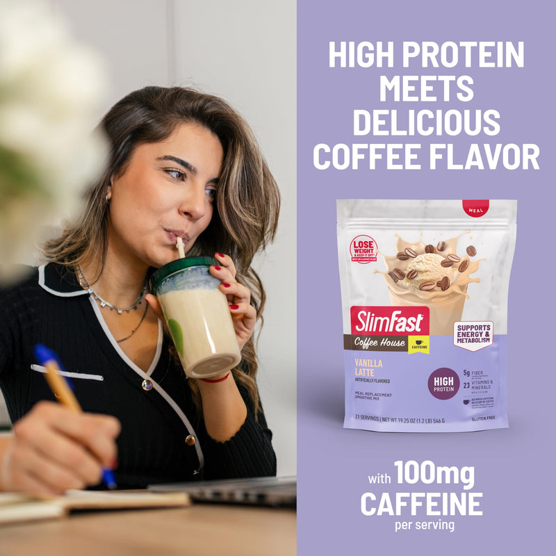 SlimFast High Protein Meal Replacement Powder, Caffeine Protein Powder, Energizing Protein Mix, Vitamin and Mineral Blend, Gluten Free, Coffee Flavored Protein Powder, Vanilla Latte, 21 Servings 19.25 Ounce (Pack of 1)